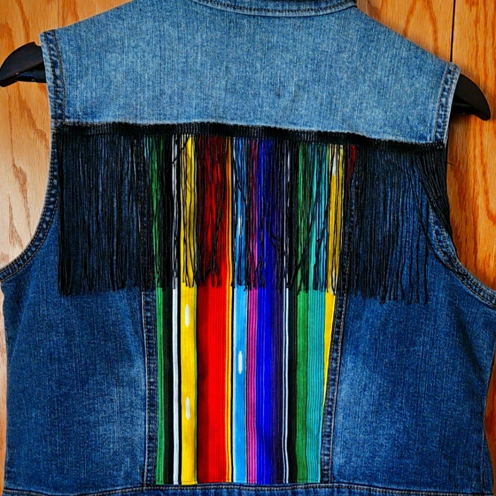 One of a kind Upcycled Jean vest with southwest pattern and fringe